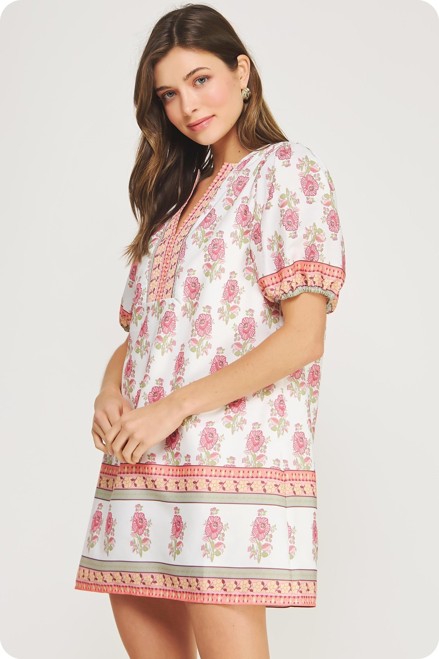 Floral Block Print Poplin Puff Sleeve Dress