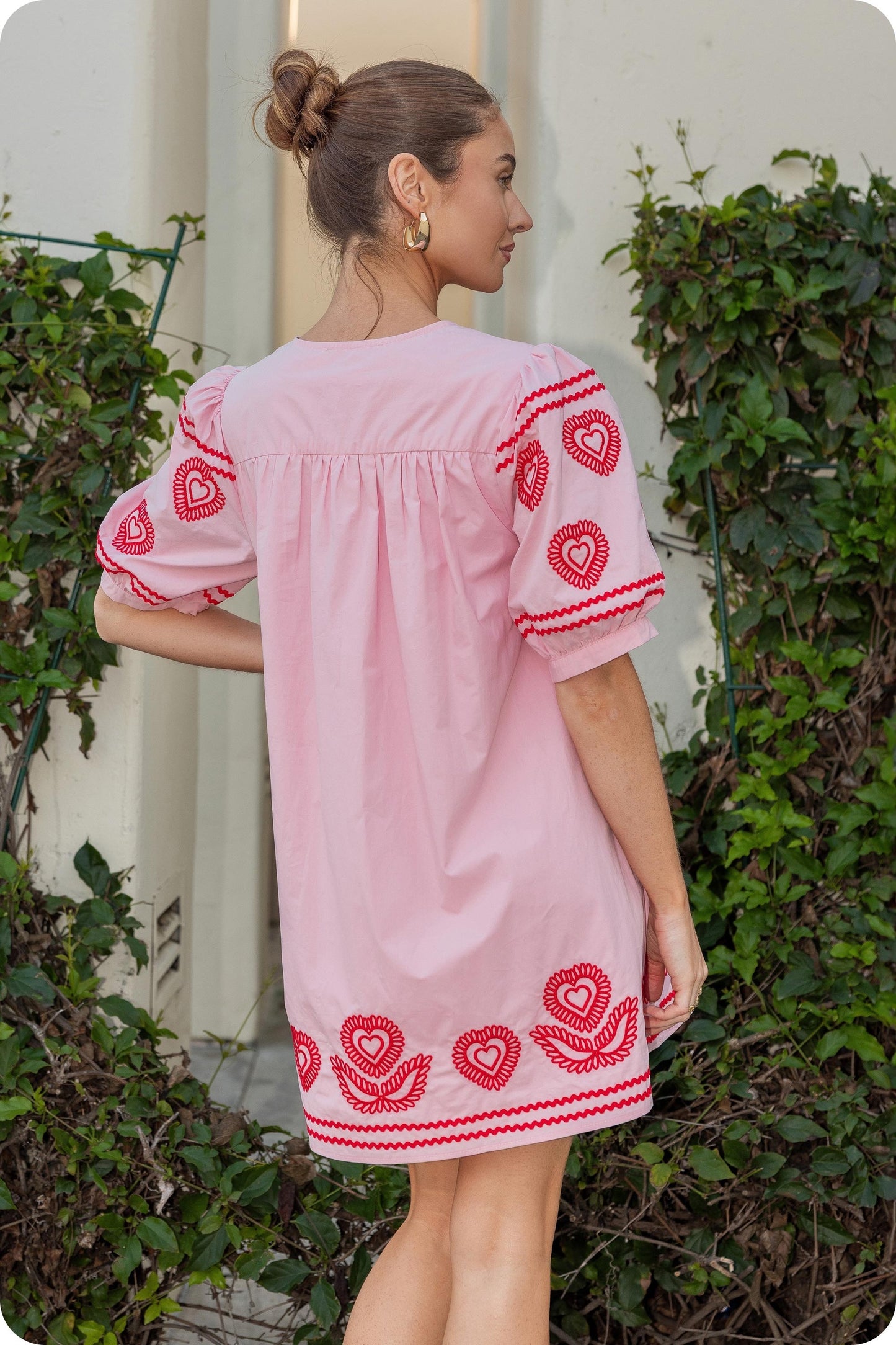 Heart Embroidery Puff Sleeve Mini Dress