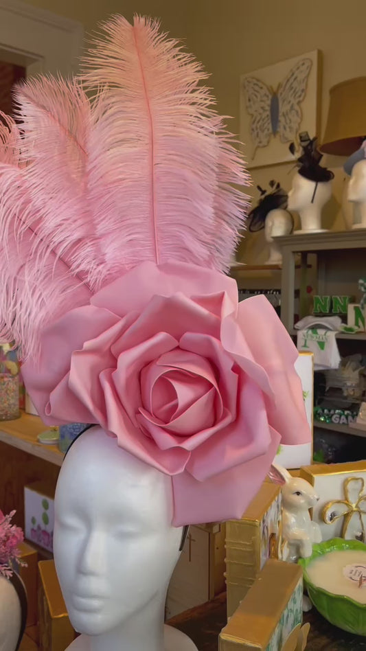 Pink Rose with Pink Ostrich Feathers Headpiece