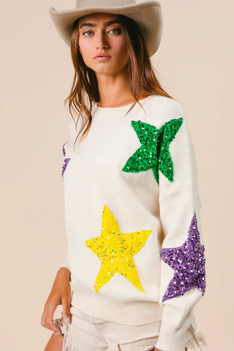 Star Patches Mardi Gras Sweater