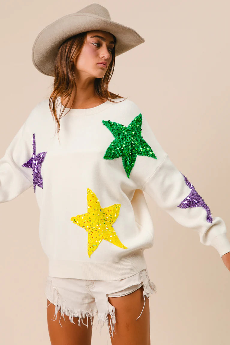 Star Patches Mardi Gras Sweater