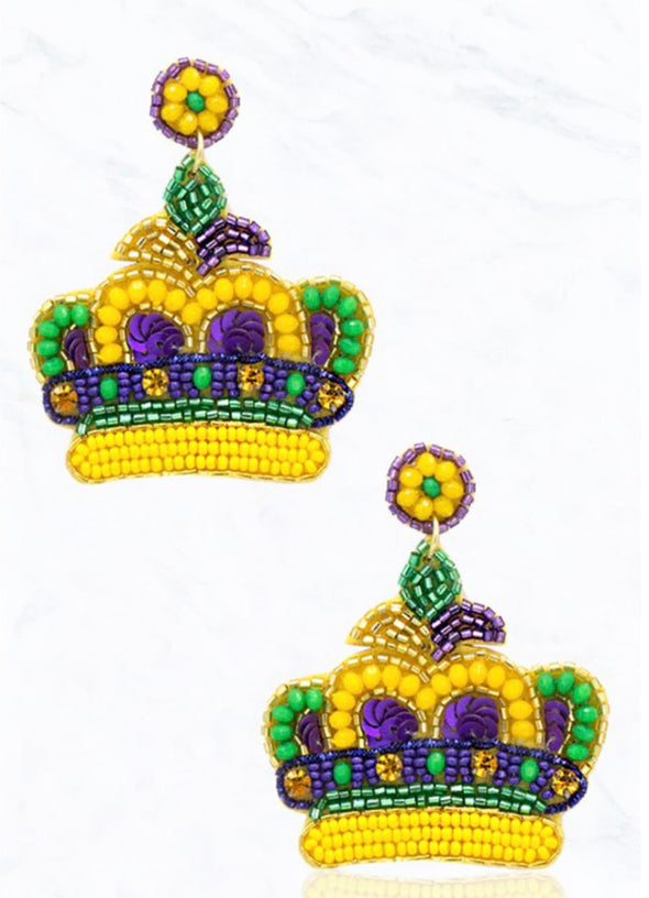 Mardi Gras Beaded Crown Earrings