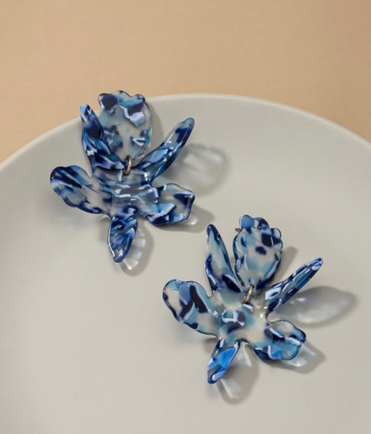 Blue & White Acetate Flower Drop Earrings