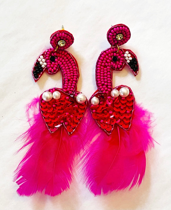 Feathered Beaded Flamingo with Pearls Earrings
