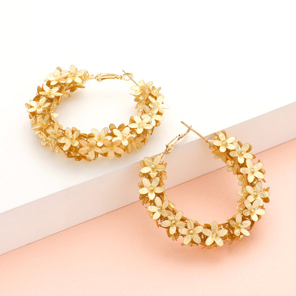 Gold Beaded Flower Hoop Earrings