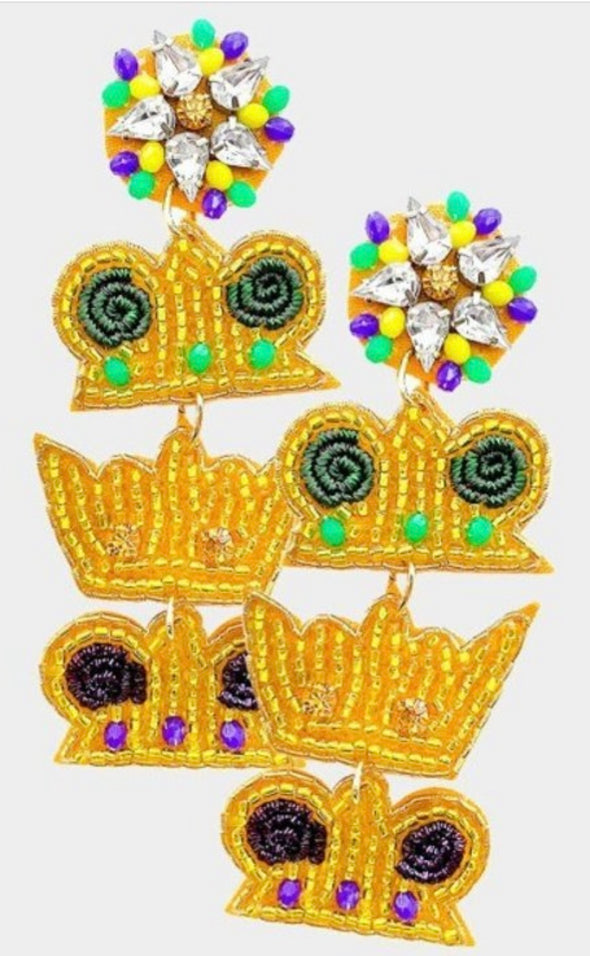 Mardi Gras Beaded Triple Crown Earrings