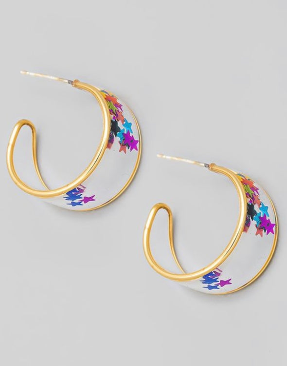 Mardi Gras Clear Hoop Star Earrings