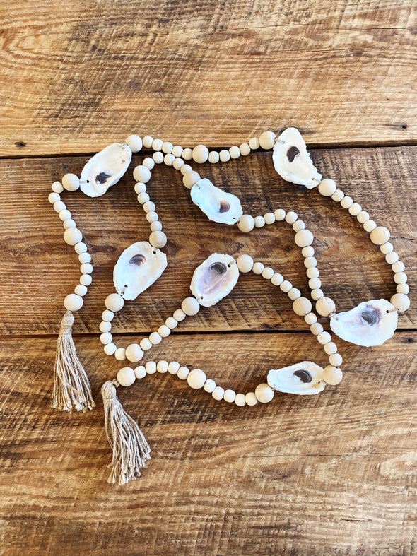 Natural Wood Beaded Oyster Garland with Tassels