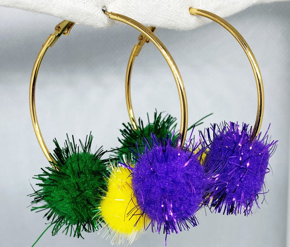 Mardi Gras Fuzzy Ball Earrings