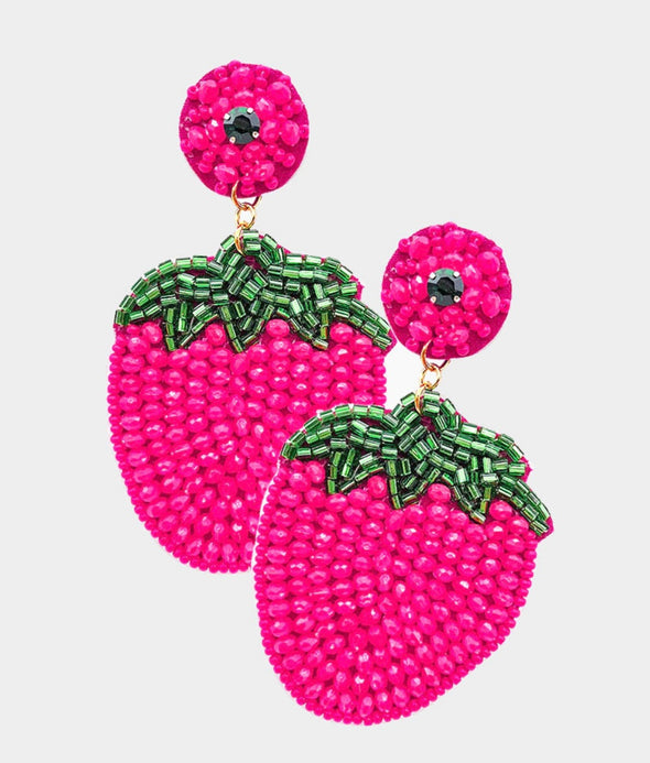 Fuchsia Beaded Strawberry Dangle Earrings