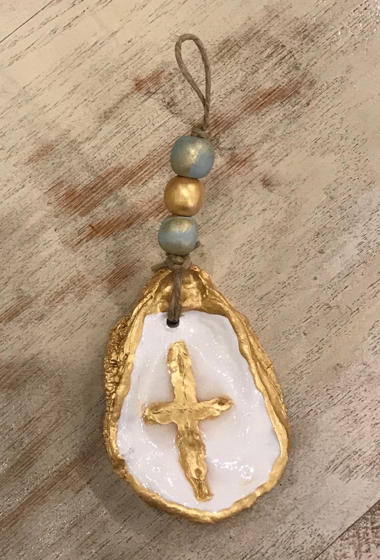 Oyster Cross with Wood Beads