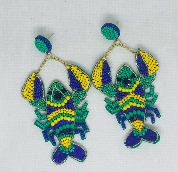 Mardi Gras Beaded Crawfish Earrings