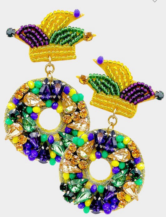 Mardi Gras King Cake Beaded Earrings