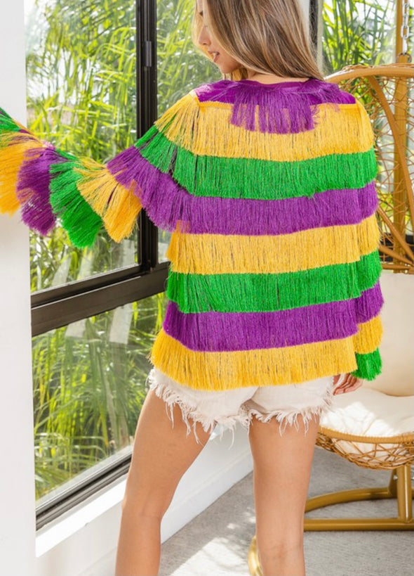 Mardi Gras Color Block Tierd Fringe Jacket