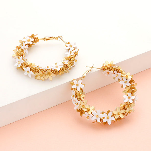 White and Gold Flower Hoop Earrings